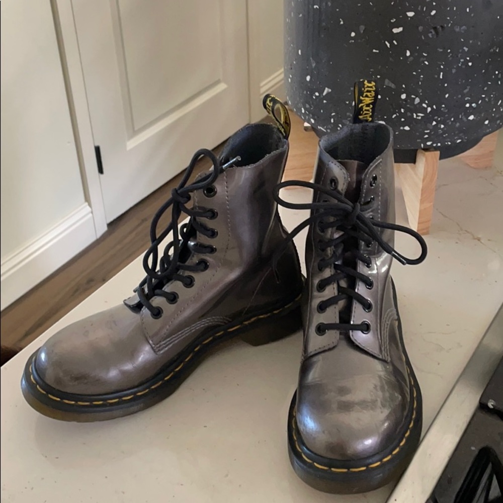 Doc Martens, size 6 US, glossy pewter gray